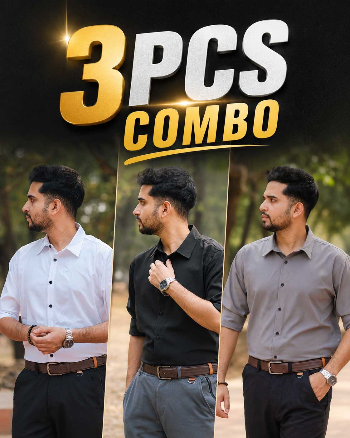 White + Black + Ash Formal stretch Shirt 3_Pcs Combo Offer