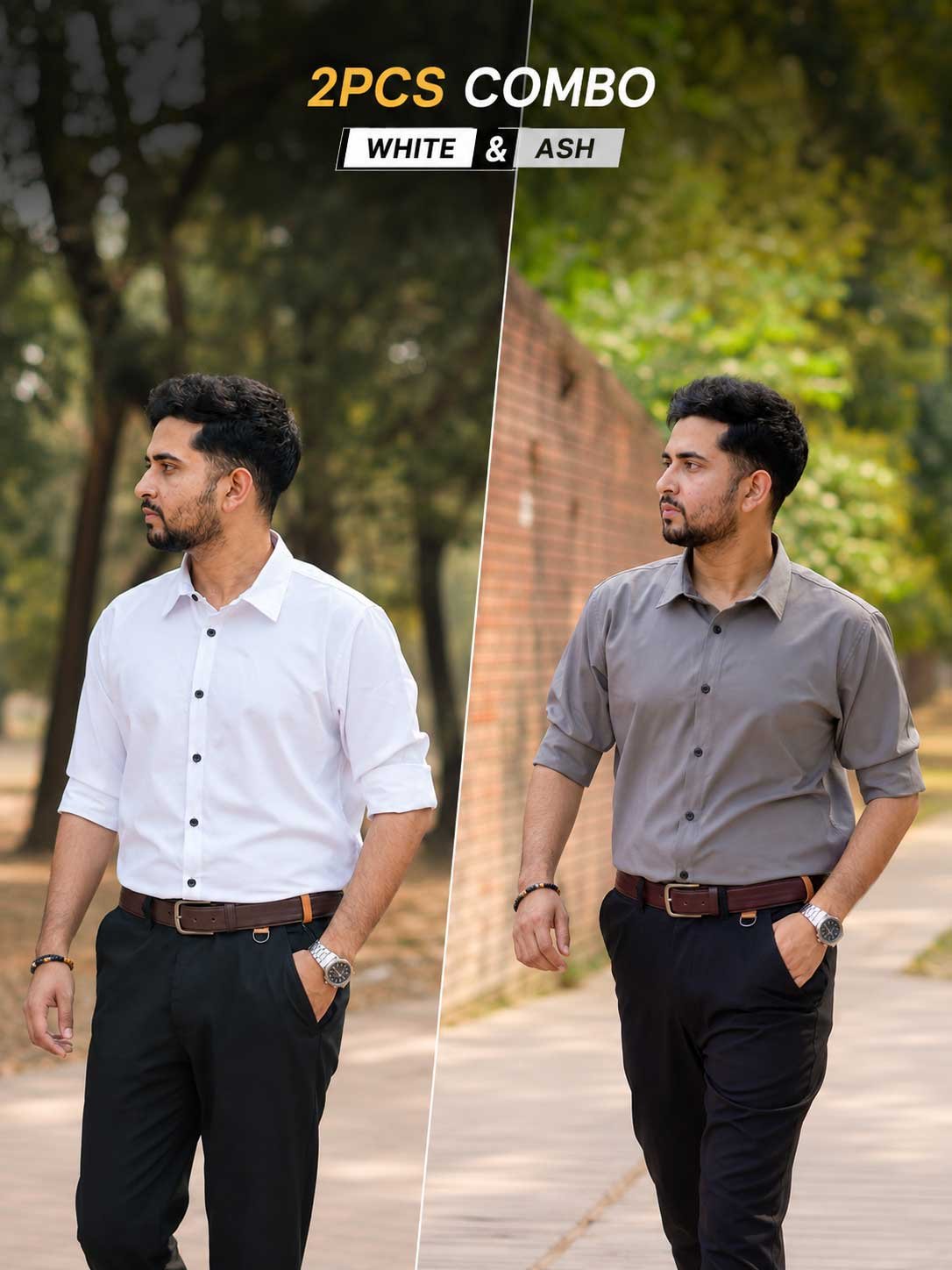 White & Ash Colour Formal Stretch Shirt 2 Piece Combo Offer